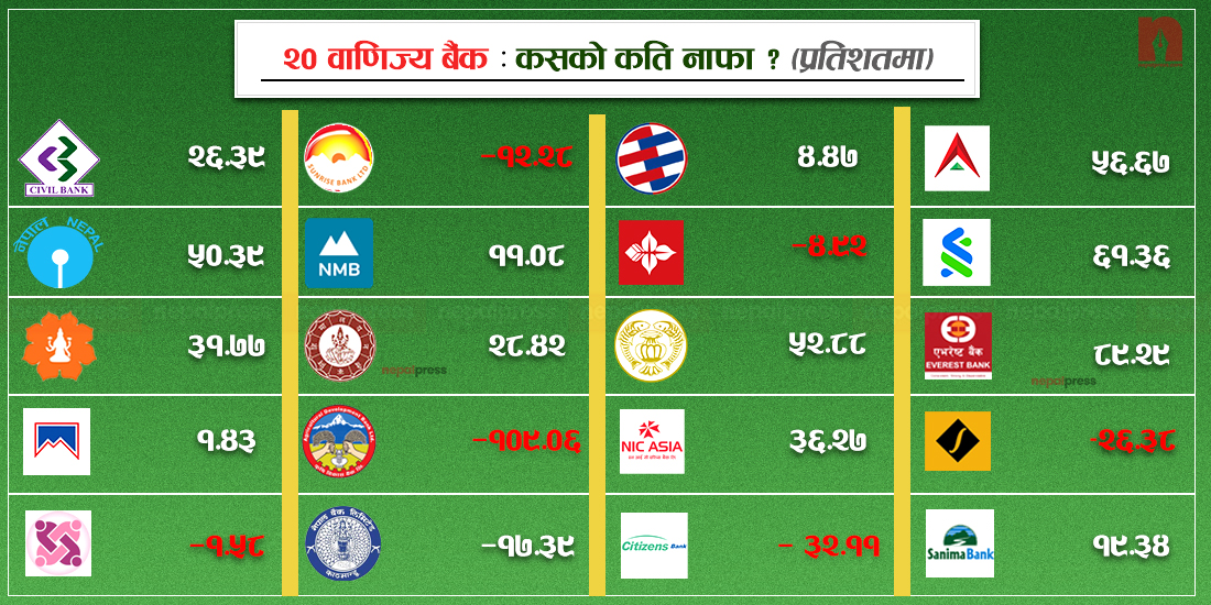 २० वटा वाणिज्य बैंकको प्रतिवेदन सार्वजनिक, कसले कति कमाए नाफा ?