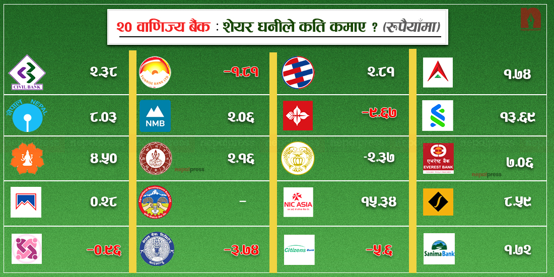 नाफा कमाएको बैंकका शेयरधनीले कति गरे आम्दानी ? (सूचीसहित)